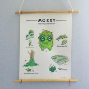 create this vintage style science poster on the stylized moss character "Mossy" for the Wings, Worms, and Wonder Draw Yourself Back to Nature eCourse! 