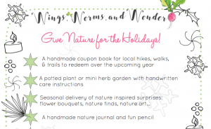 Let's talk giving nature - the gift that gives all year long! Click to download the free pdf of the Give Nature for the Holidays coloring checklist and get lots of custom Wings, Worms, and Wonder gift ideas too! 